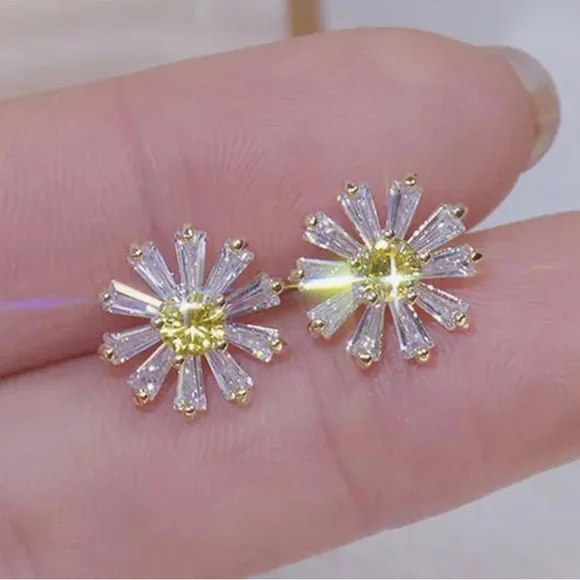 Yellow and White Round Crystal Sunflower 925 Sterling Overlay Earrings - Picture 4 of 7